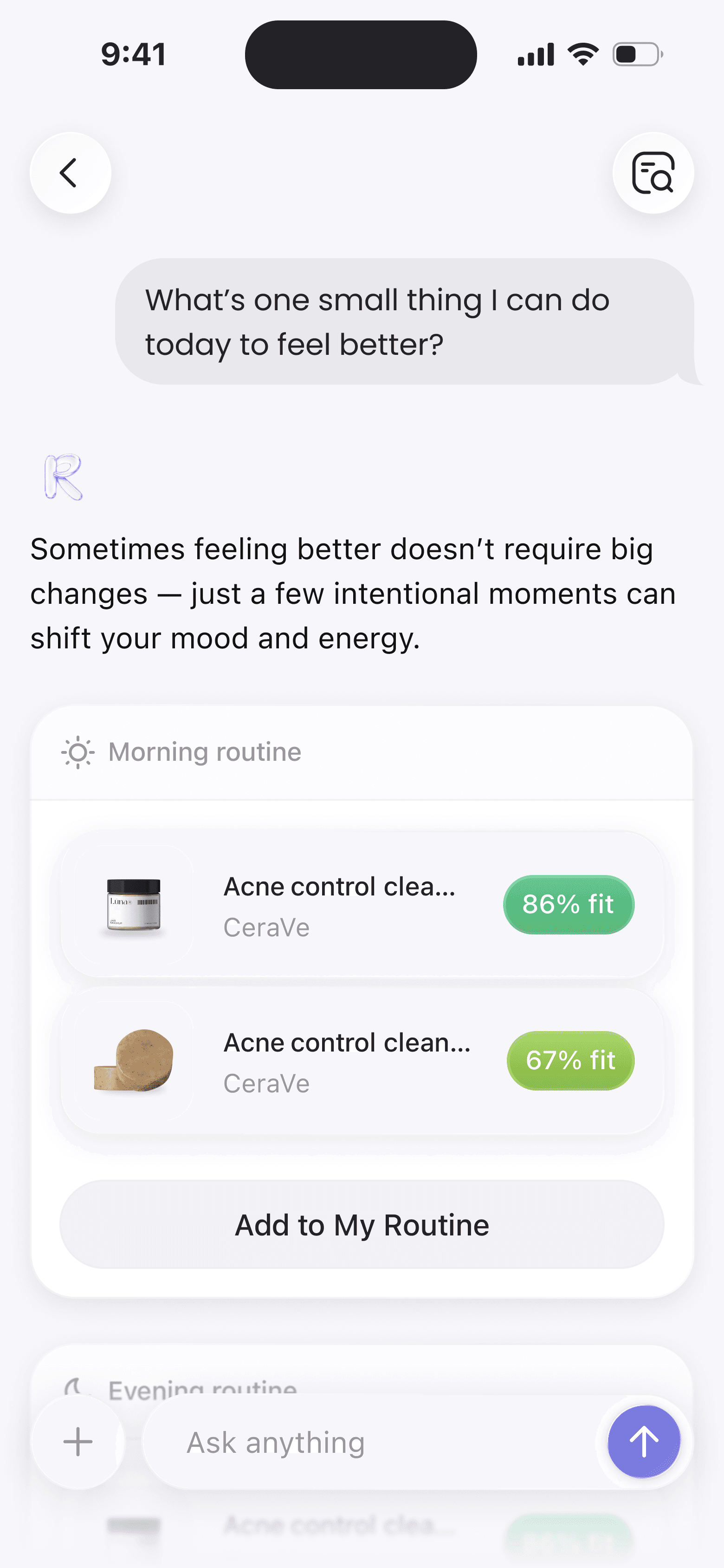 Rhovie AI chat suggesting a personalized morning routine with fit scores