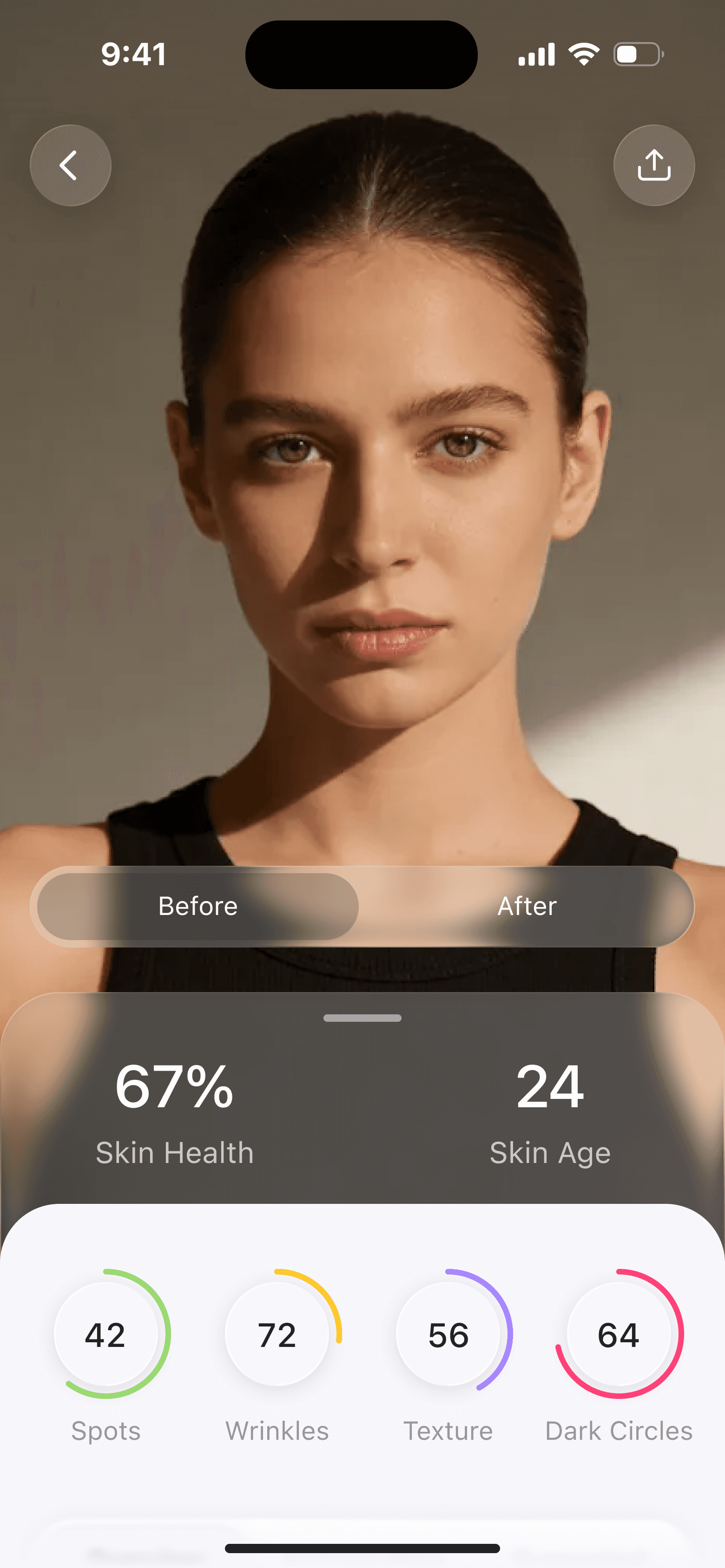 Rhovie scan result — skin health, skin age, and per-metric scores