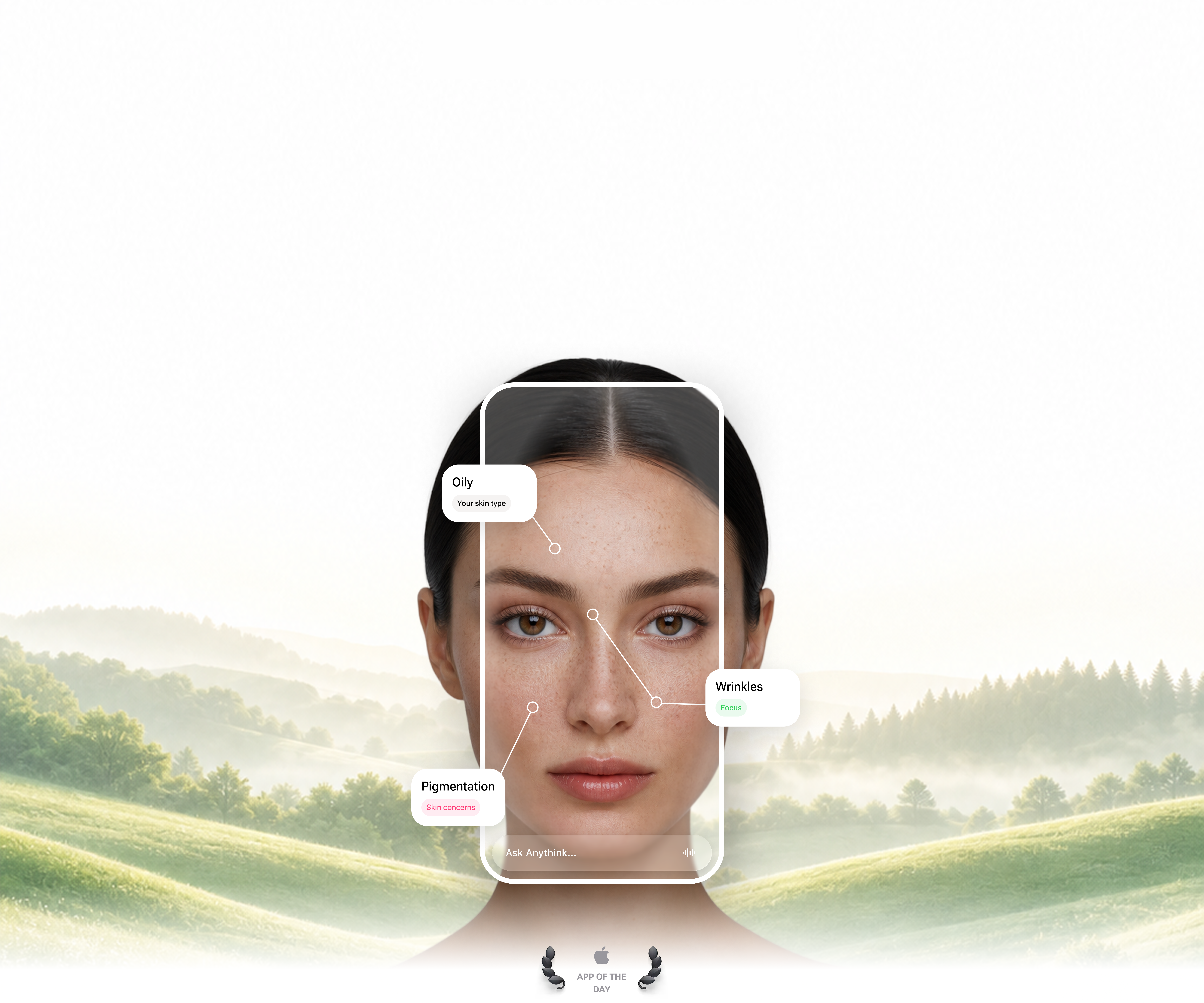 Rhovie AI skin scan highlighting skin type, wrinkles, and pigmentation on a portrait